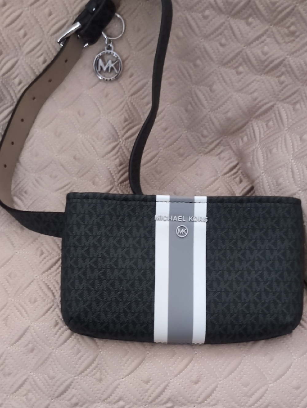 Michael Kors Black Belt Bag with Gray & White Center Stripe